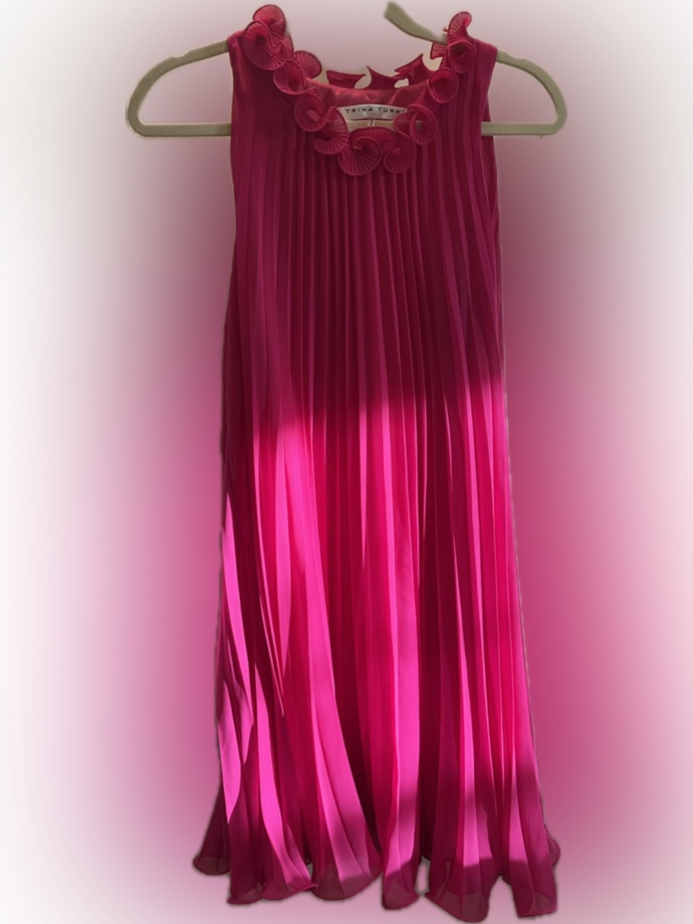 Tina Turk Fuchsia Pleated Dress with Floral Neck Trim & lined with ruffle hem